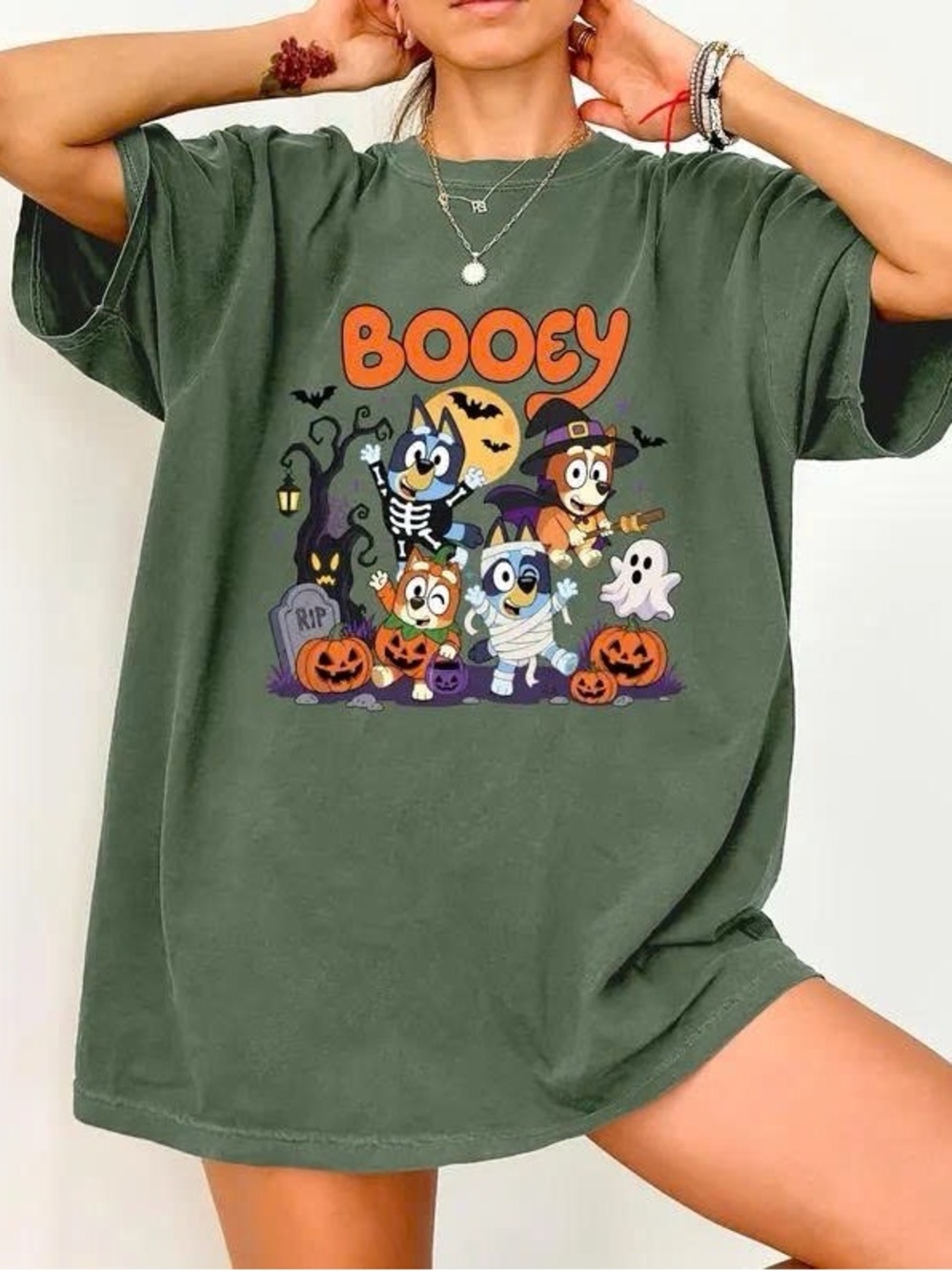 Women’s Green Halloween Graphic Tee - 'Booey' Cute Cartoon Print